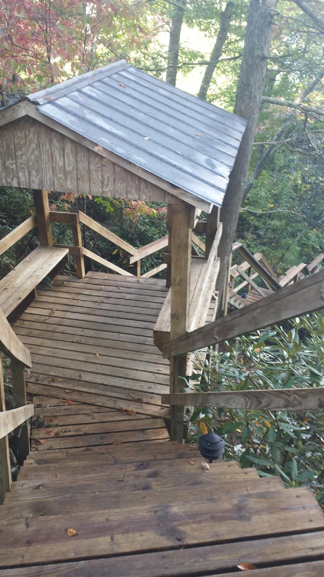 Metal roofed shelter over wooden steps on a wooded walkway — Skylight Repair & Installation work by our crew in Velpen